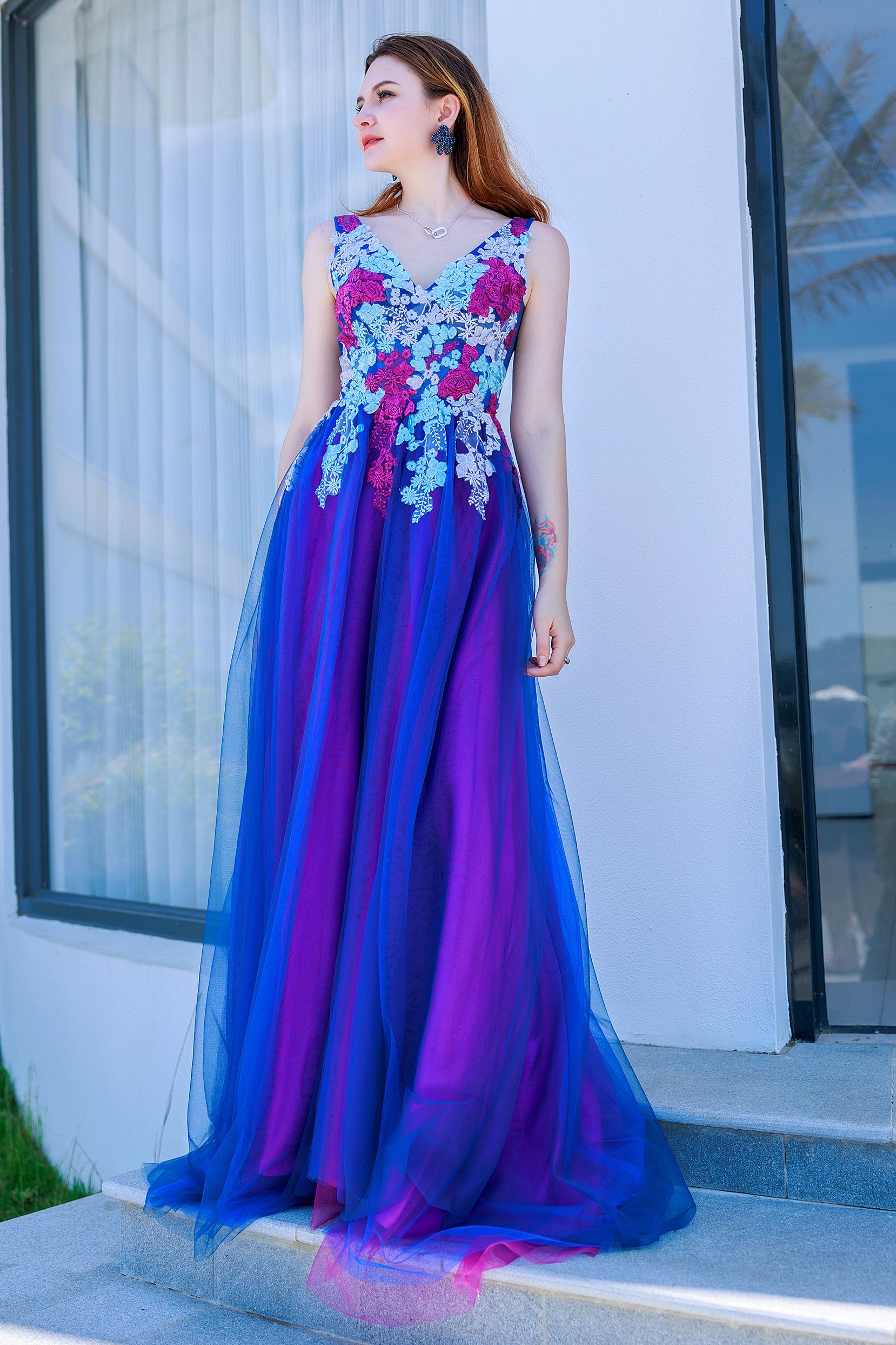 CS0500 Aライン Vネック ブルー 青 カラードレス – COCOMELODY