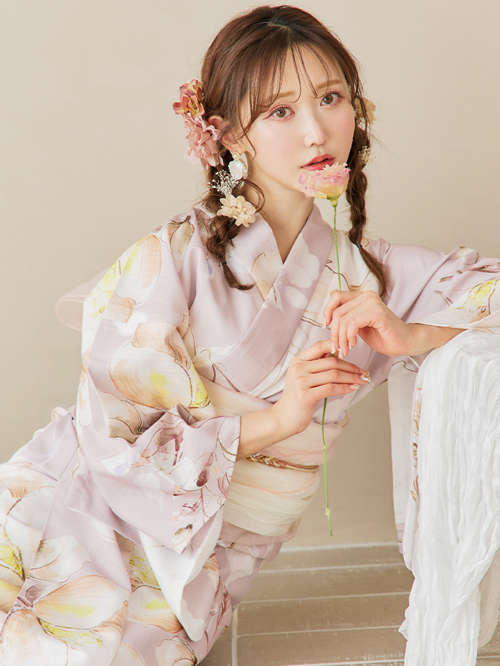 即日発送！】大人くすみピンクx牡丹浴衣 【浴衣3点セット 浴衣/帯