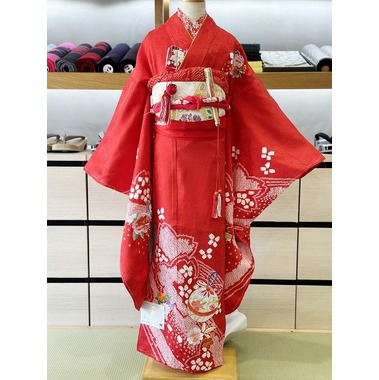 七五三 正絹絞り四つ身着物 絞り 刺繍 長襦袢セット 7歳用 七五三着物