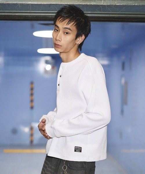 tシャツ コットンサーマルロングスリーブヘンリーネックTシャツ