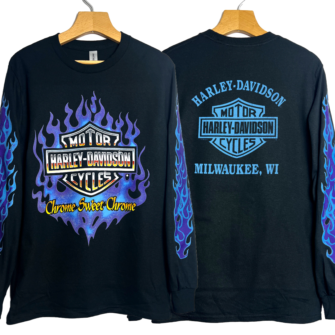 L HARLEY DAVIDSON Chrome ロンT ブルー フレイム ブラックピンク リサ