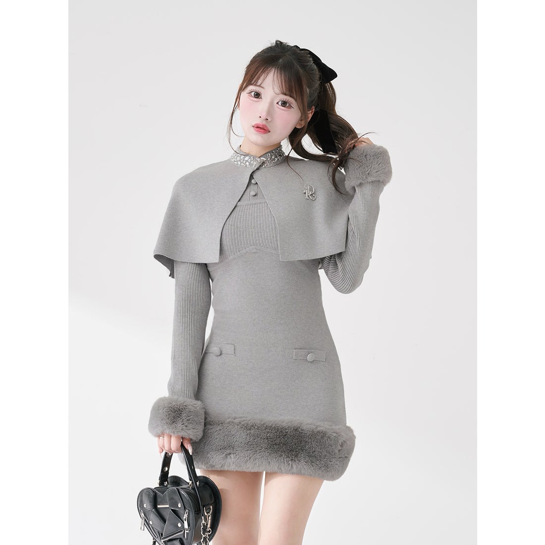 ダーリッチ Darich ビジューケープニットミニワンピース （グレー