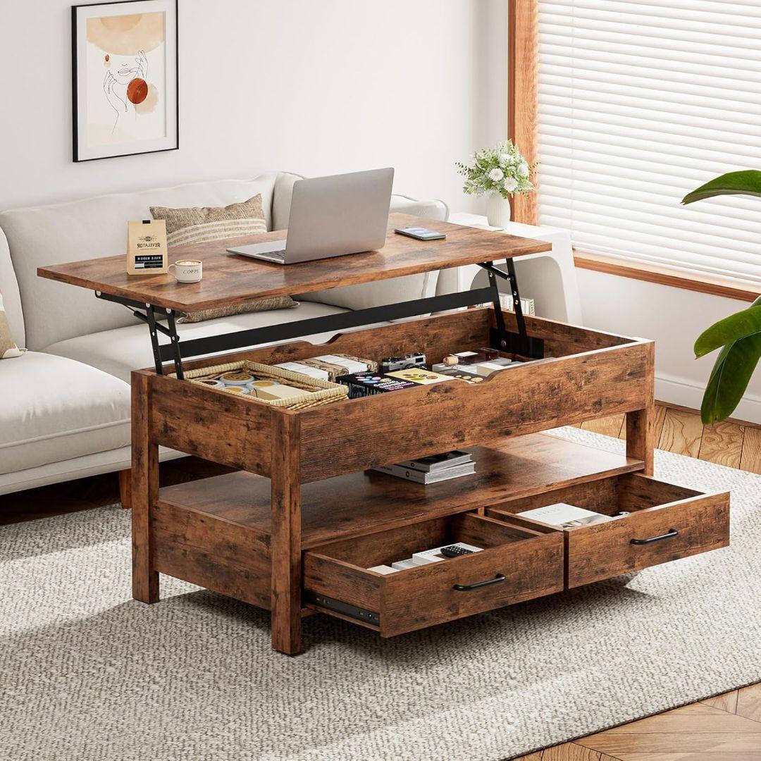 ローテーブル 昇降式 引き出し収納付き 高さ調整リフティングローテーブル簡単開閉 リビングテーブル 天板 昇降式テーブル 引き出し 収納 付き ロー